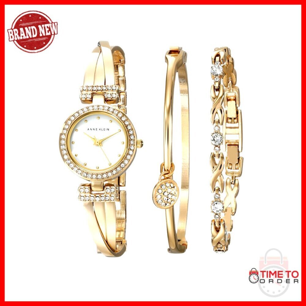 Gold-Tone Crystal Accented Bangle Watch Set Elegant Minimal Chic Wristwear